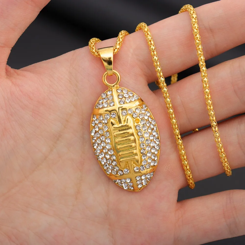 Full Rhinestone Alloy Rugby Funny Men Pendant Necklace Hip Hop Style American Football Metal Pendants Jewely Fashion Accessory