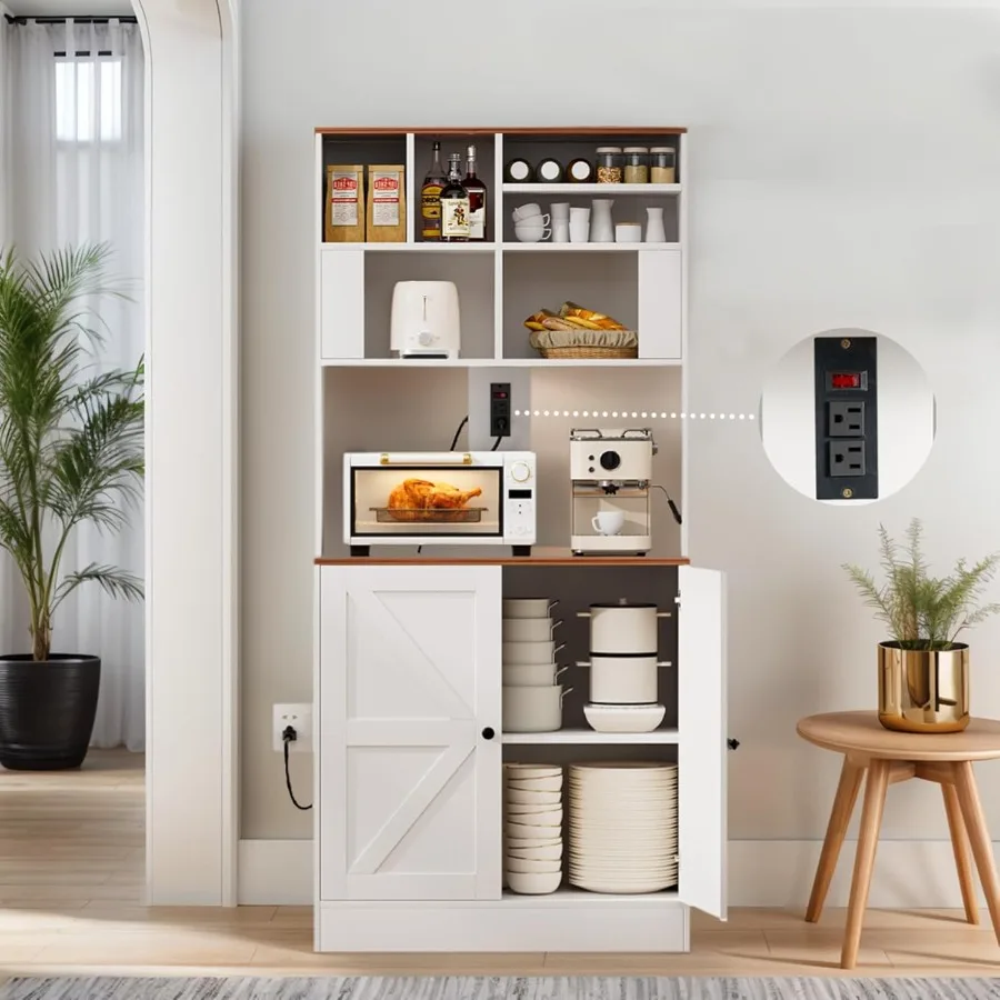 69 Kitchen Pantry Cabinet with Power Outlets Microwave Countertop Freestanding Hutch Storage Cabinet Kitchen Hutch Cabinets Cof