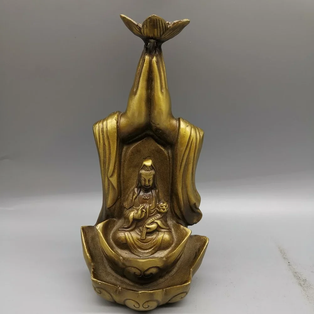 

Old Collectible Chinese Brass Handwork Buddha Hand Lotus Backflow Incense Burner