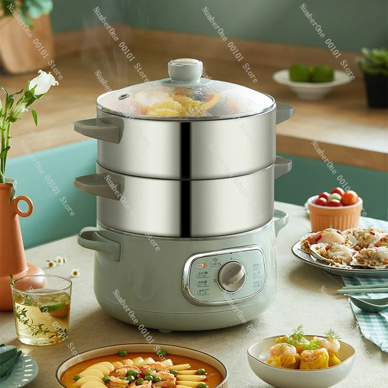 Electric Steamer Double-Layer Stainless Steel Timer Control Multifunctional Home Cooking Steaming Pot Fast Heating Auto Shut-Off