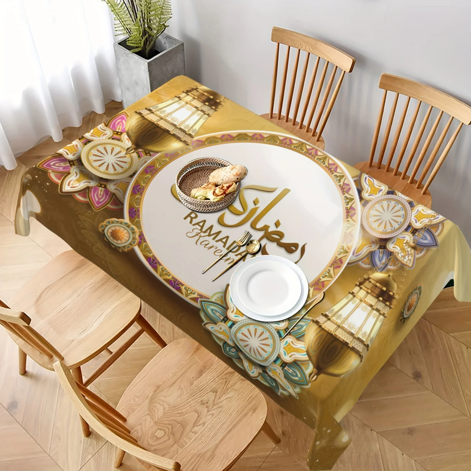 Eid & Ramadan Tablecloth Islamic Crescent Moon Arabic Calligraphy Design High Quality Polyester Table Cover Holiday Dining Decor
