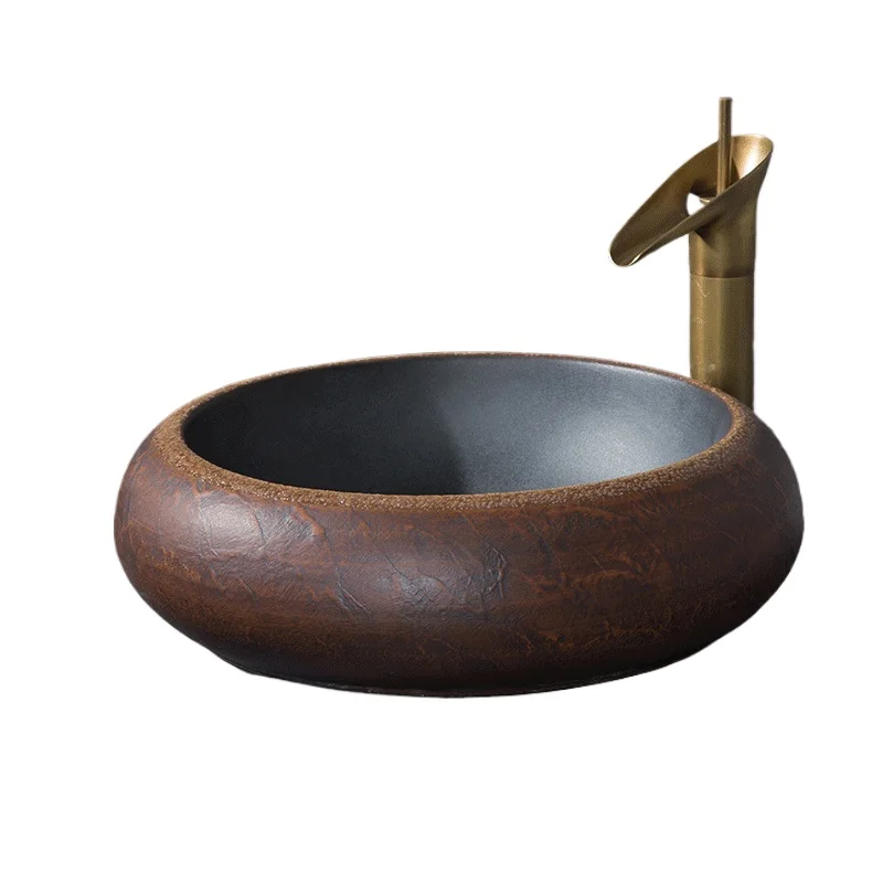 

Умывальник на балконе в стиле ретро, одинарная раковина, круглый художественный стол, кровать с защитой от брызг и раковина для ванной комнаты для завтрака