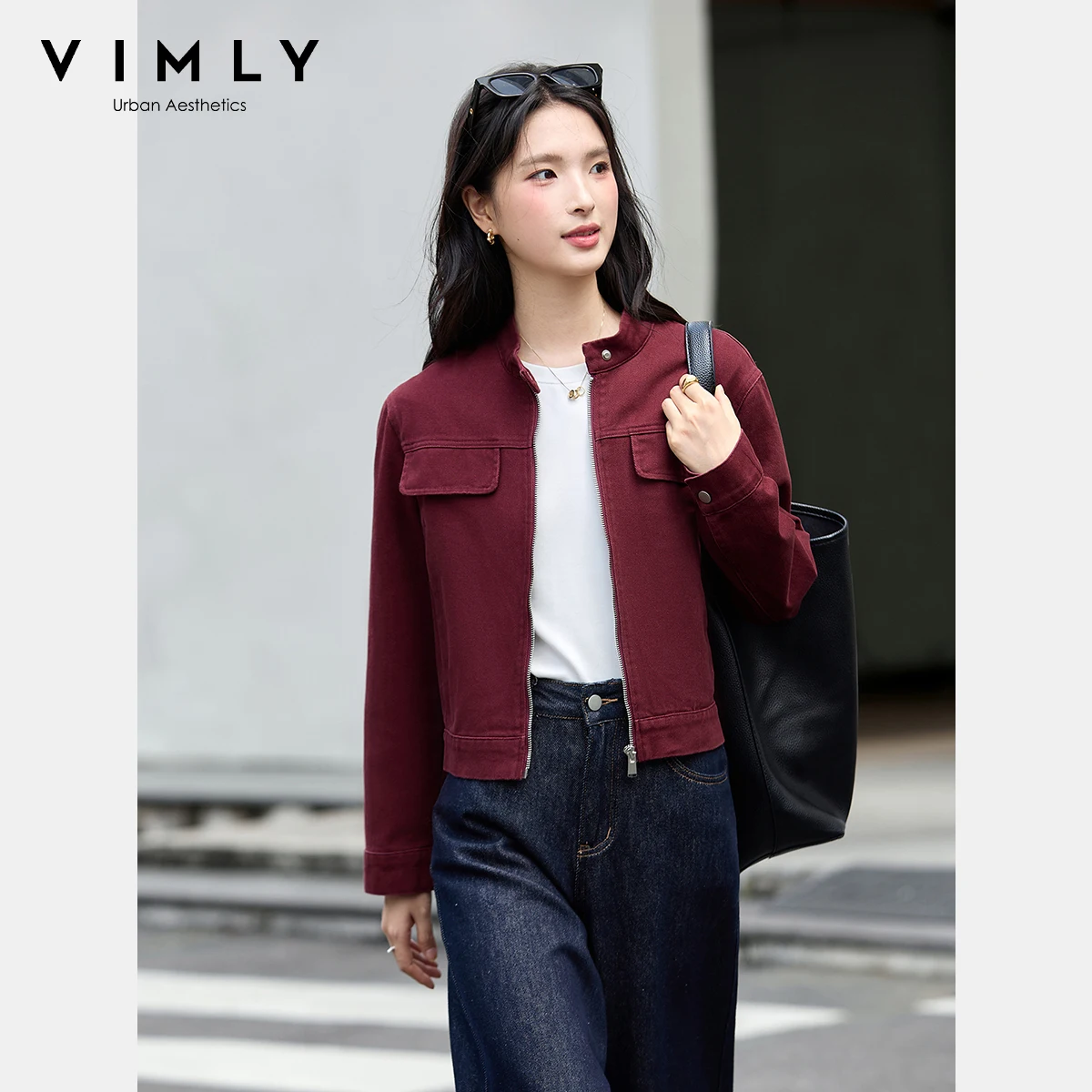 VIMLY Women's Red Denim Jacket Vintage Stand Neck Autumn 2025 Pure Cotton Long Sleeve Zip Up Short Coats Pleated Hem Tops A2568
