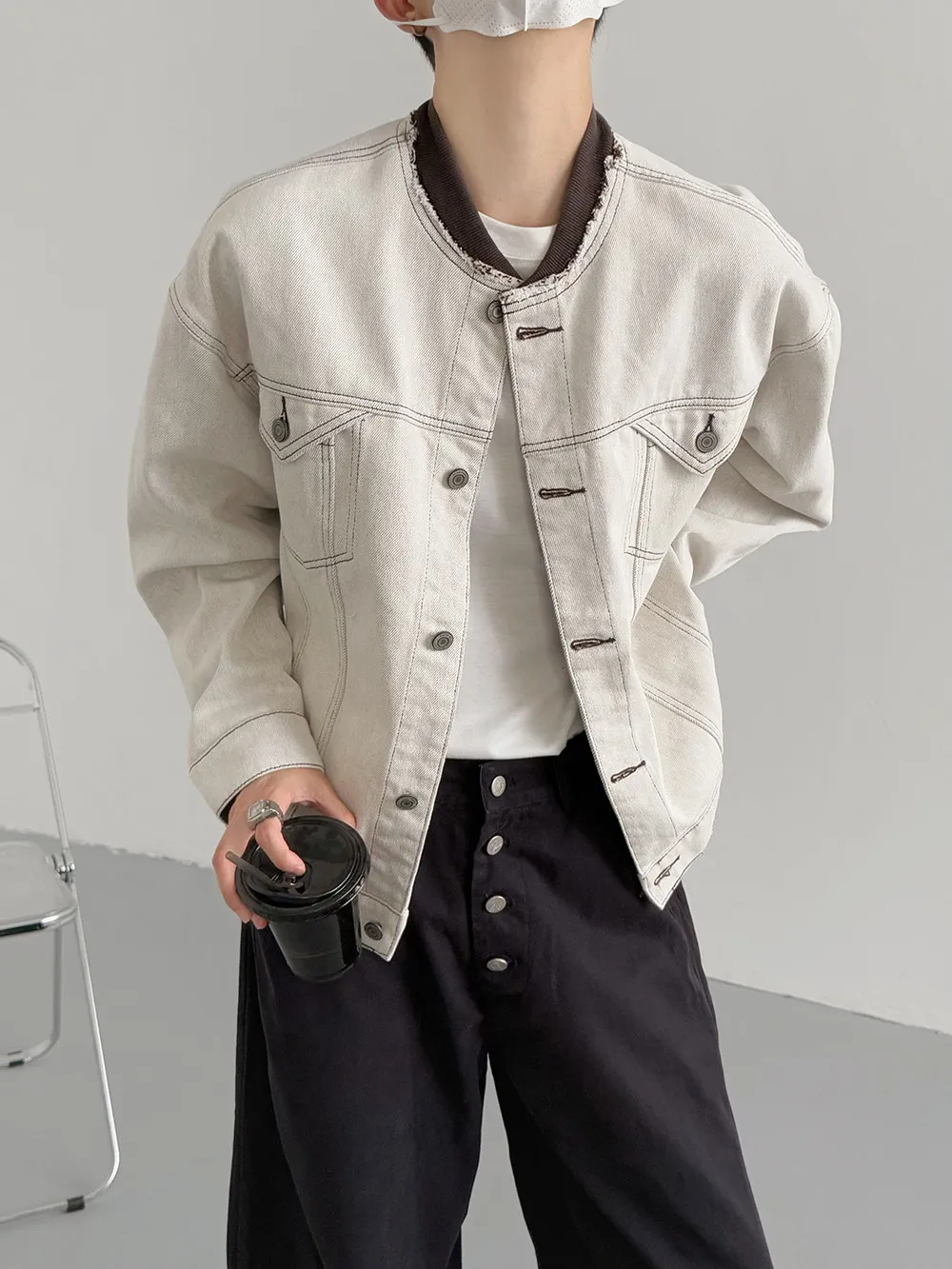 Men Washed Denim Jacket Spring Autumn Fashion Splicing Grey Cowboy Coat American Casual Retro Color Contrast Fringe Male Jackets view 5