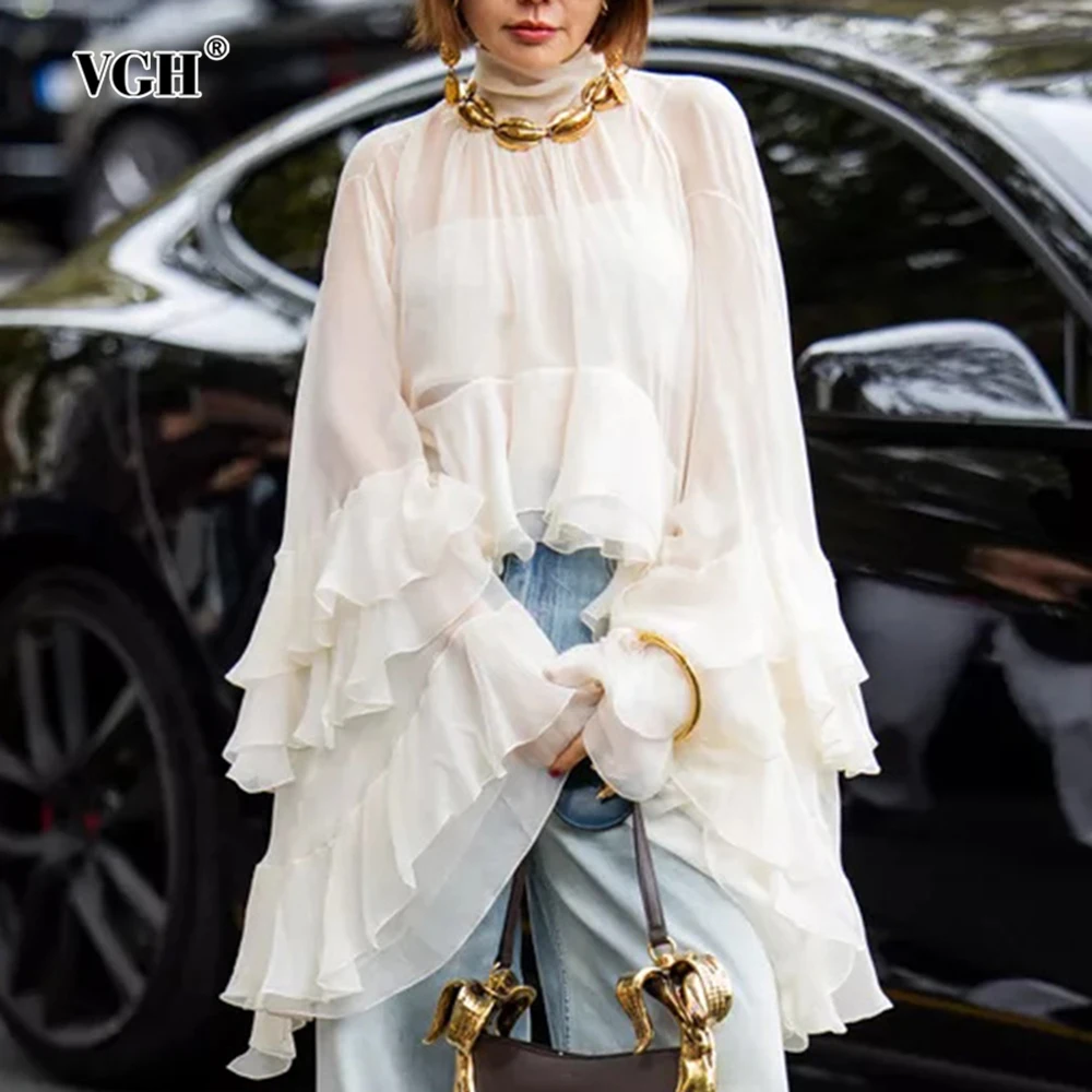 

VGH Solid Loose Folds Designer Blouses For Women Stand Collar Long Sleeve Temperament Daily Commute Blouse Female Fashion New