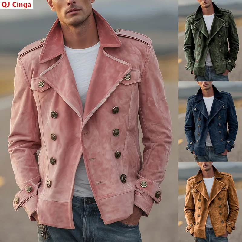 Men's Long-sleeve Jackets for Fall and Winter, Double-breasted Lapel Coat, Available in Brown, Blue, Green, and Pink.