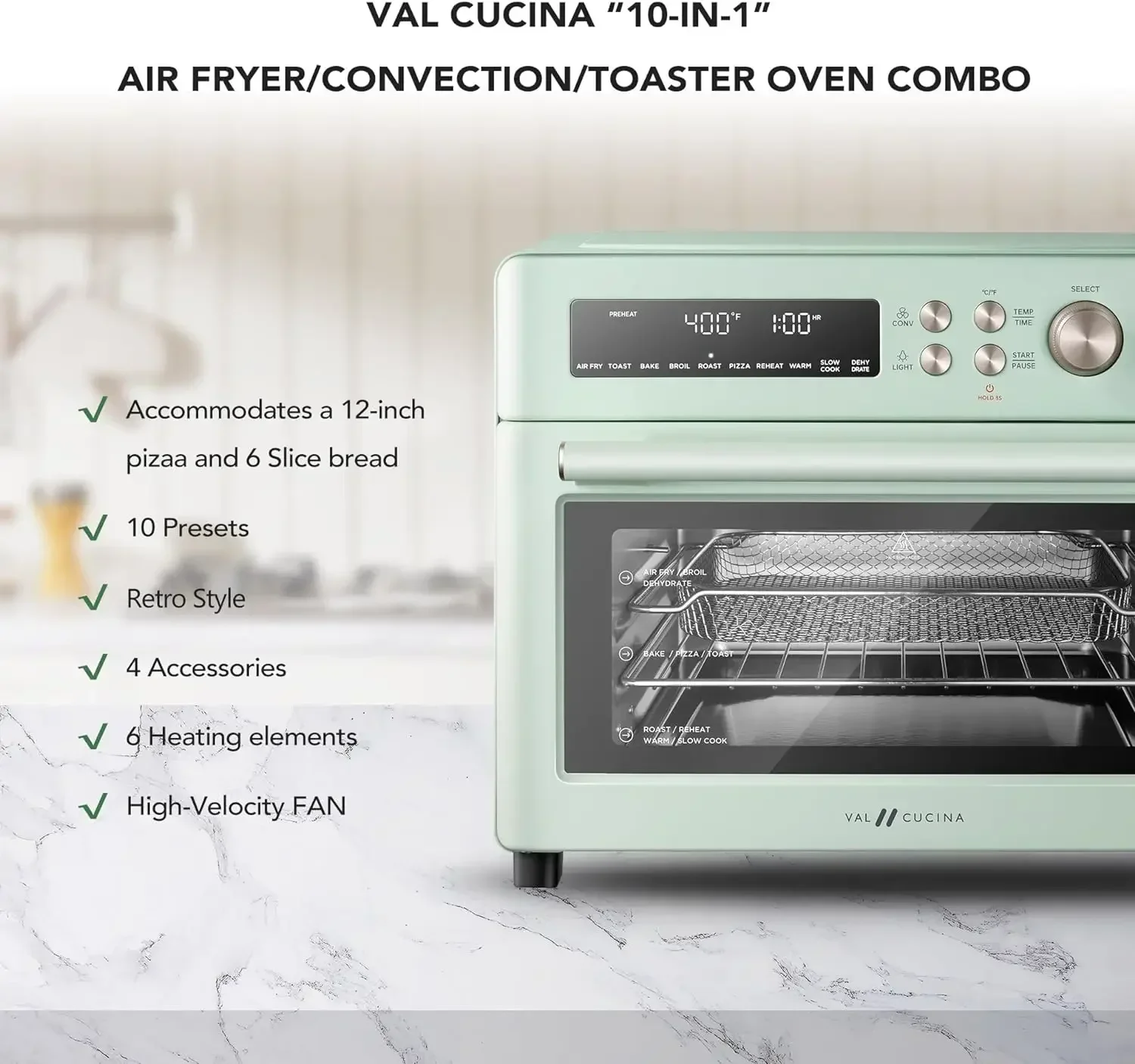 VAL CUCINA-Infrared Heating Air Fryer Toaster Oven, Extra Large Countertop Convection  10 in 1 Combo, Retro Style