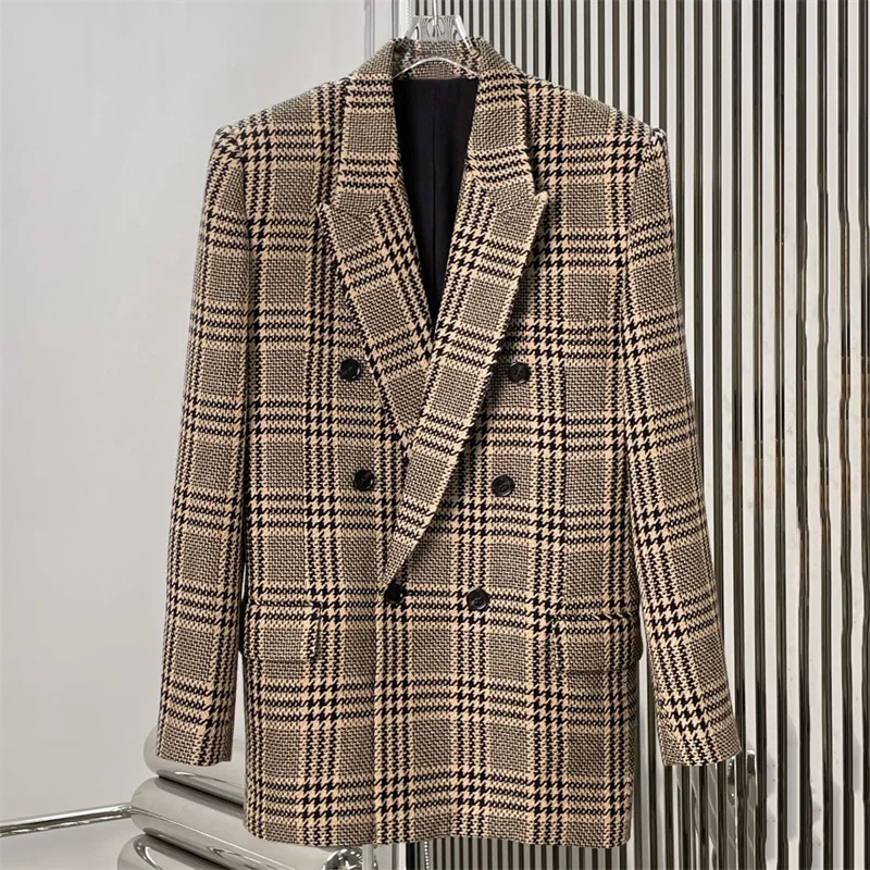 Damenjacke Neuer Winter 2025, zweireihig, schmal geschnitten, langärmelig, Oberteil aus Wollmischung, karierte Damen-Anzugjacke, Y2K-Damenmantel