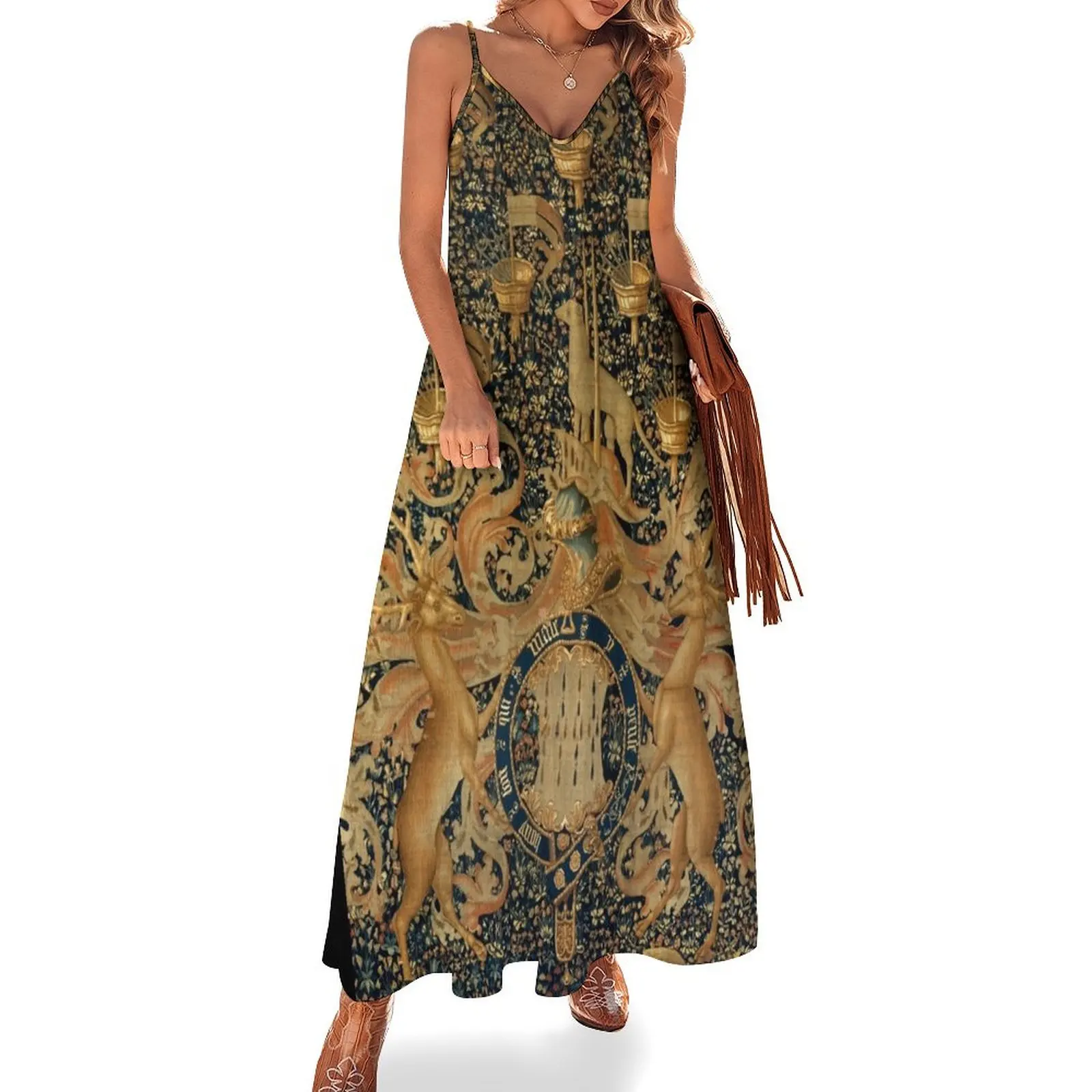 

Gold Navy Blue Antique Heraldic Tapestry with Harts,Armorial Bearings Badges of John Sleeveless Dress