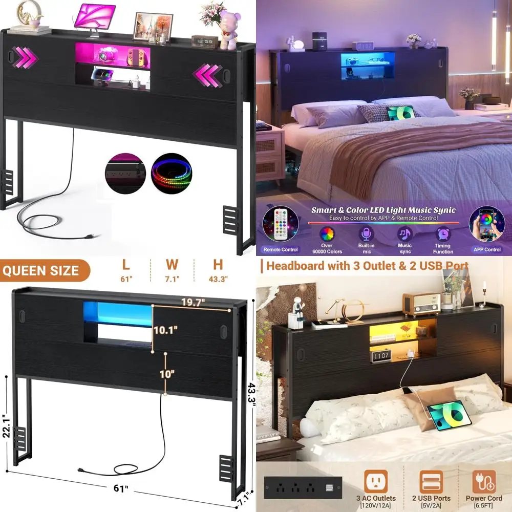 Queen Size Bed Headboard with Storage, Bookcase Design, Built-in Outlet, USB Port, and LED Lighting