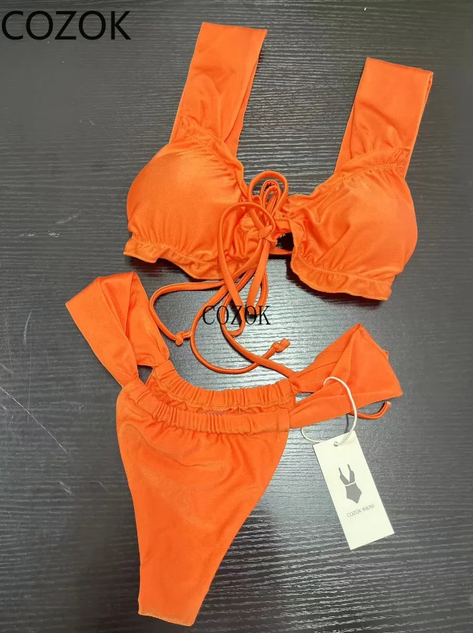 COZOK-Fato de banho feminino sexy com renda, cintura alta plissada, biquínis de férias, moda praia para mulheres, 2 peças