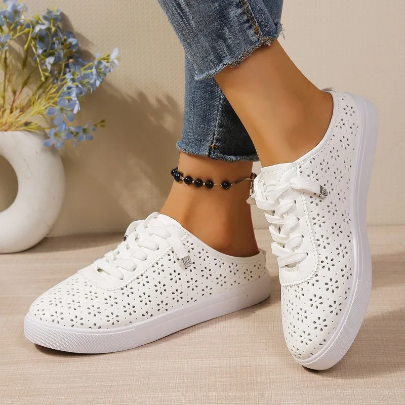 Floral Cutout Slip on Mule Trainers Elastic Quick Laces Flat White Ladies Summer Street Non Slip Casual Shoes - view 4