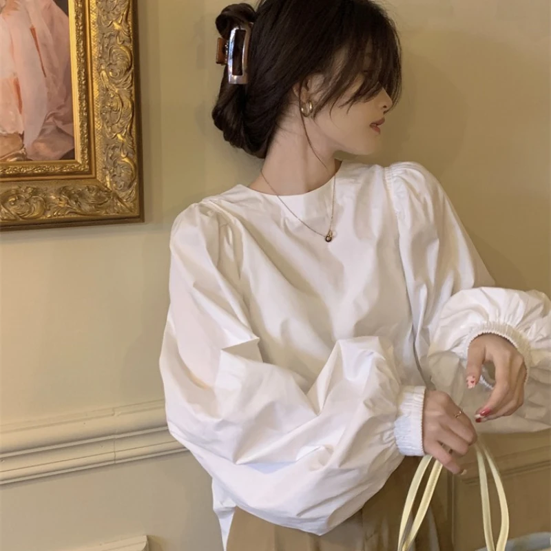 

French Round Neck Puff Sleeve Shirt Women With Lazy Style Niche Casual Loose Versatile Top Trendy