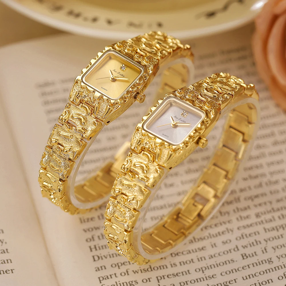 

Золотые часы, женские квадратные кварцевые наручные часы, изысканный нишевый винтажный элегантный браслет, женские часы, подарки на день рождения для женщин, новинка