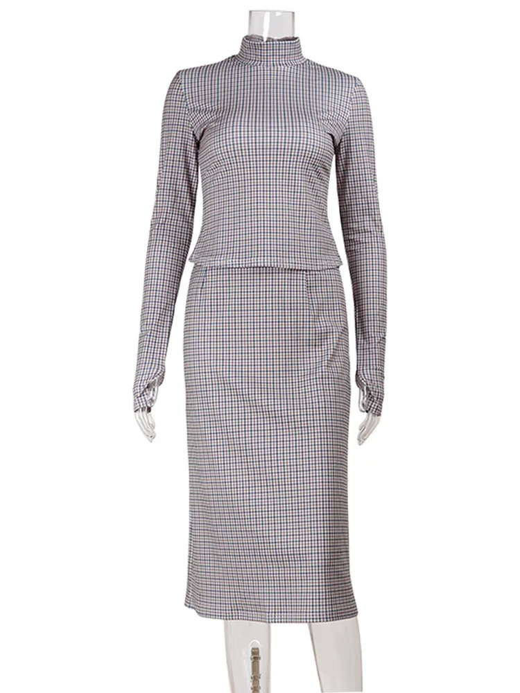 CNYISHE Plaid Prints High Collar Long Sleeve Women Sets Casual Skinny Sexy Club OL Lady Fashion Trendy Suits 2-Pieces(Top+Skirt) image 6