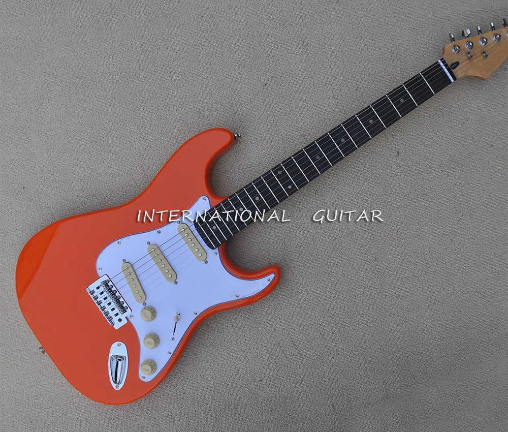 6 Strings Orange Electric Guitar with White Pickguard,Rosewood Fretboard