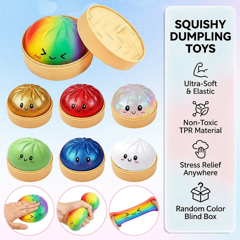 Glitter Bao Bun Squeeze Toy Kawaii Cute Dumpling Squishy Face Toy Slow Rebound Stress Relief Fidget Toy Gift with Bamboo Steamer