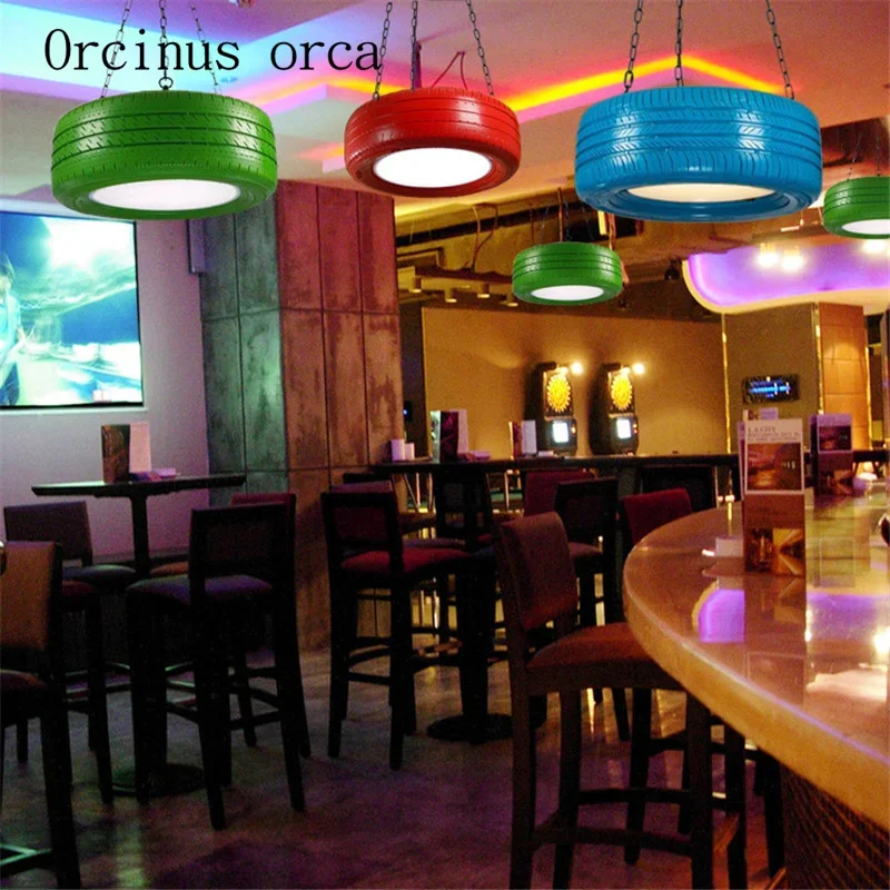 

Nordic Industrial Wind coffee restaurant decorated with American creative personality retro bar retro color tire Chandelier