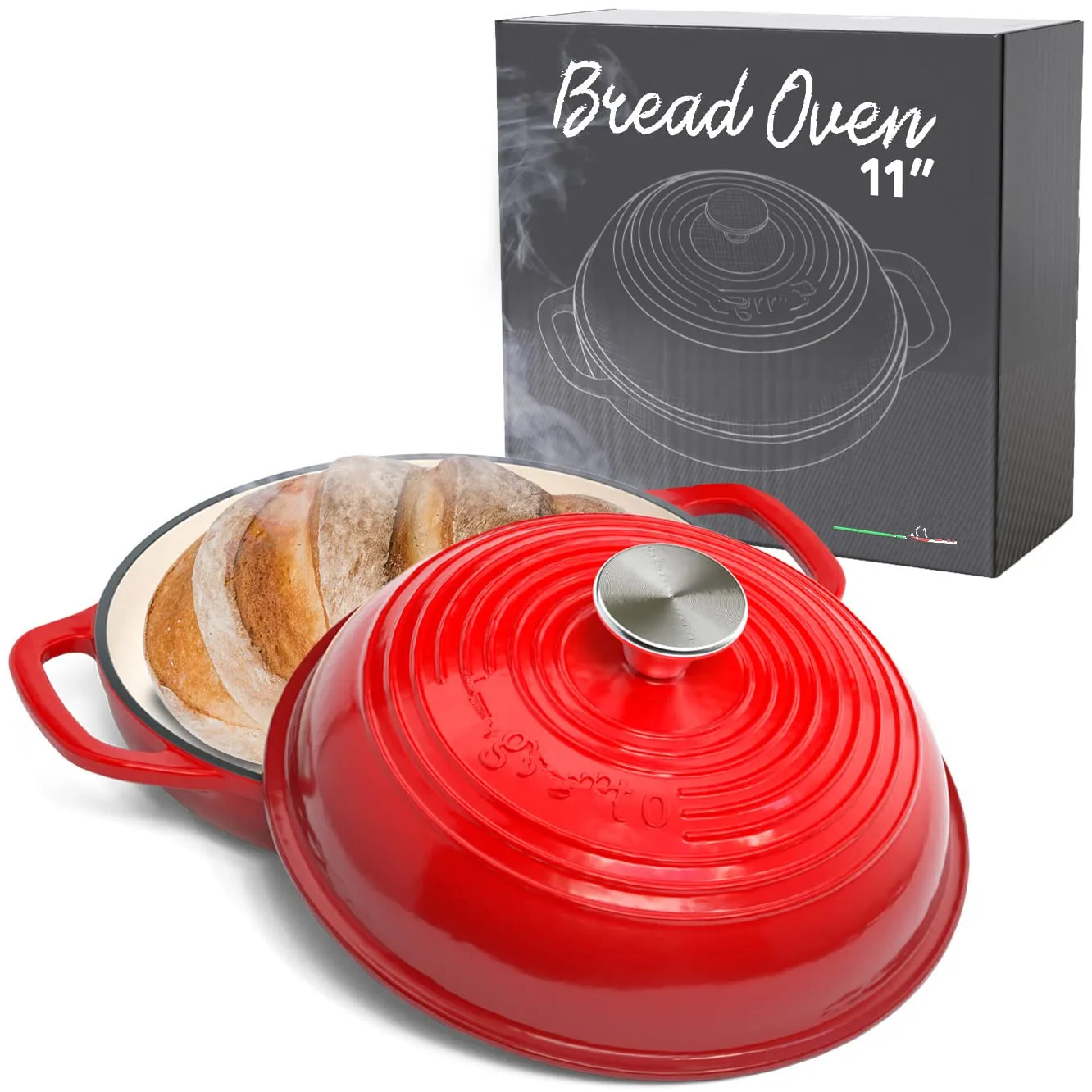 

Enameled Cast Iron Bread Pan with Lid 11 inch red Bread Oven Cast Iron Sourdough Baking Pan Dutch Oven for Bread Cookware