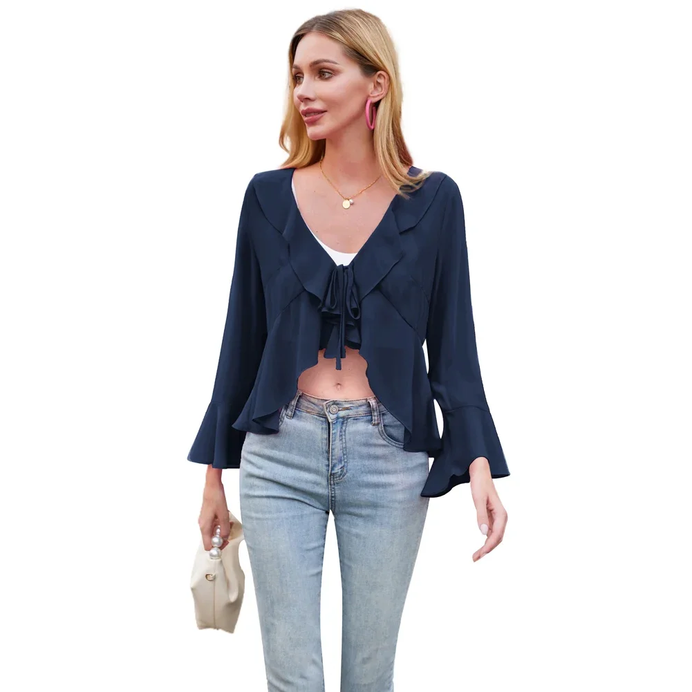 KK top copricostume in Chiffon da donna 9/10 manica a campana con scollo a v Tie Front top autunno primavera estate Office Lady Casual Fashion Streetwear