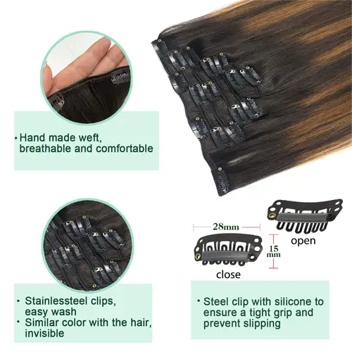 Imagen 2 del producto Extensiones de cabello humano con Clip para mujer, pelo liso Natural, marrón claro, miel, ombré, Balayage, negro, con Clip, cabeza completa