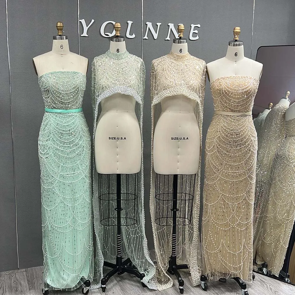 Luxury Dubai Champagne Evening Dresses with Cape Pearls Beaded Arabic Women Mermaid Wedding Party Prom Dress