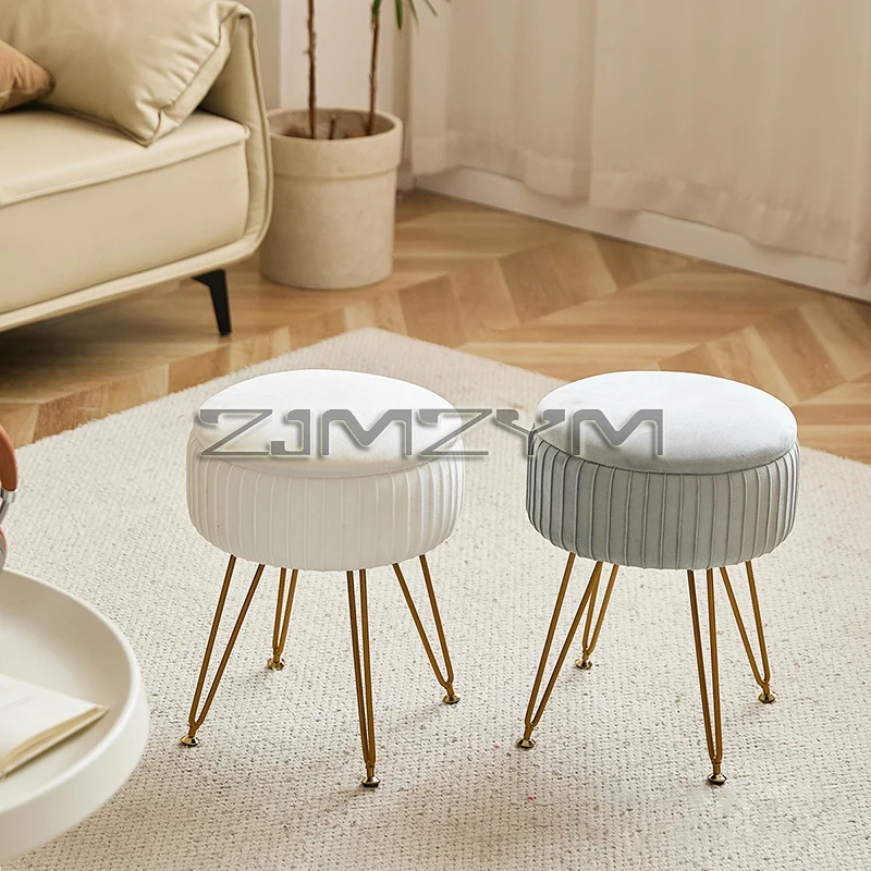 Taburete de tocador con almacenamiento - Silla suave y cómoda para maquillaje y relajación, patas de metal, taburete redondo, mesa de centro