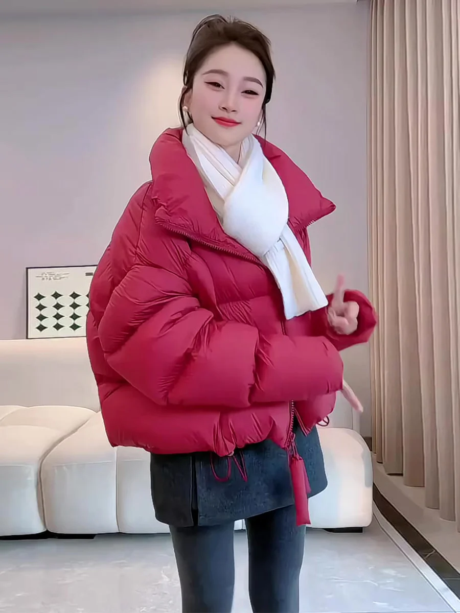 

Красная женская зимняя пуховая куртка с воротником-стойкой, теплая, свободного кроя, с дизайном в стиле «черепаха», повседневная