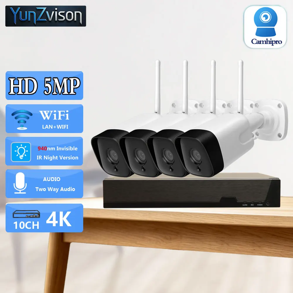 C-R HD 5MP Wireless Security Wifi Камера 3.6mm 940nm Invisible IR LED Two Way Audio Surveillance Vedio 10CH 4K NVR Kit