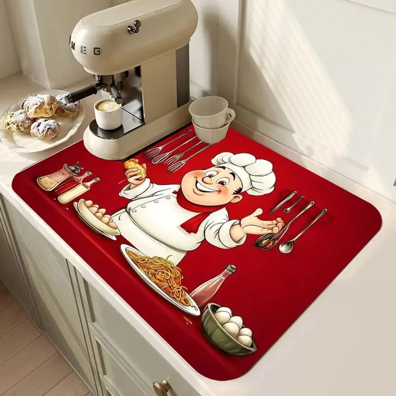 VIKAMA Cartoon Chef Print Kitchen Drying Mat Absorbent Easy To Clean Pad For Kitchen Countertop Dining Room Home Decoration