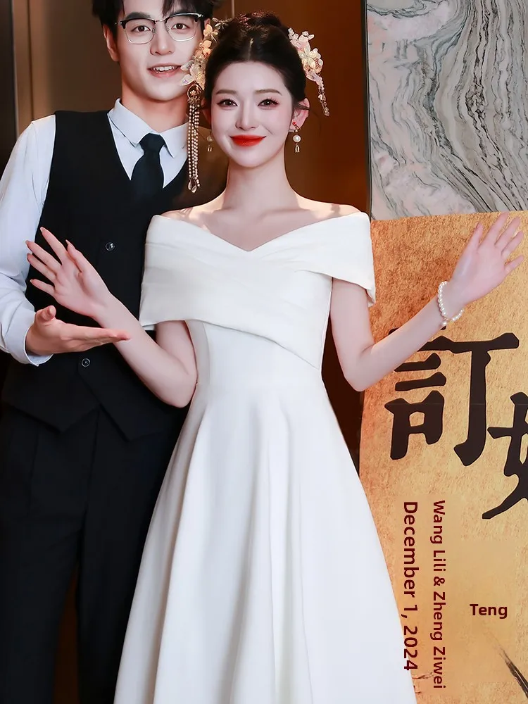 

White Evening Gown One oulder Wedding Dr Daily Wear Bridal Dr Host Dr A-Line Skirt Polyester Fiber Korean Sle