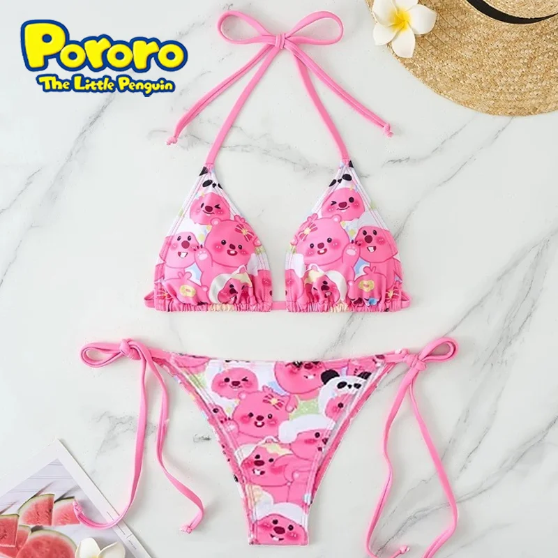 

Loopy Bikinis Set Cartoon Sexy Girls 3-point Bikini Summer Beach Clothes Side Strappy Swimsuit Ultrathin Bra Panties Surfing Set