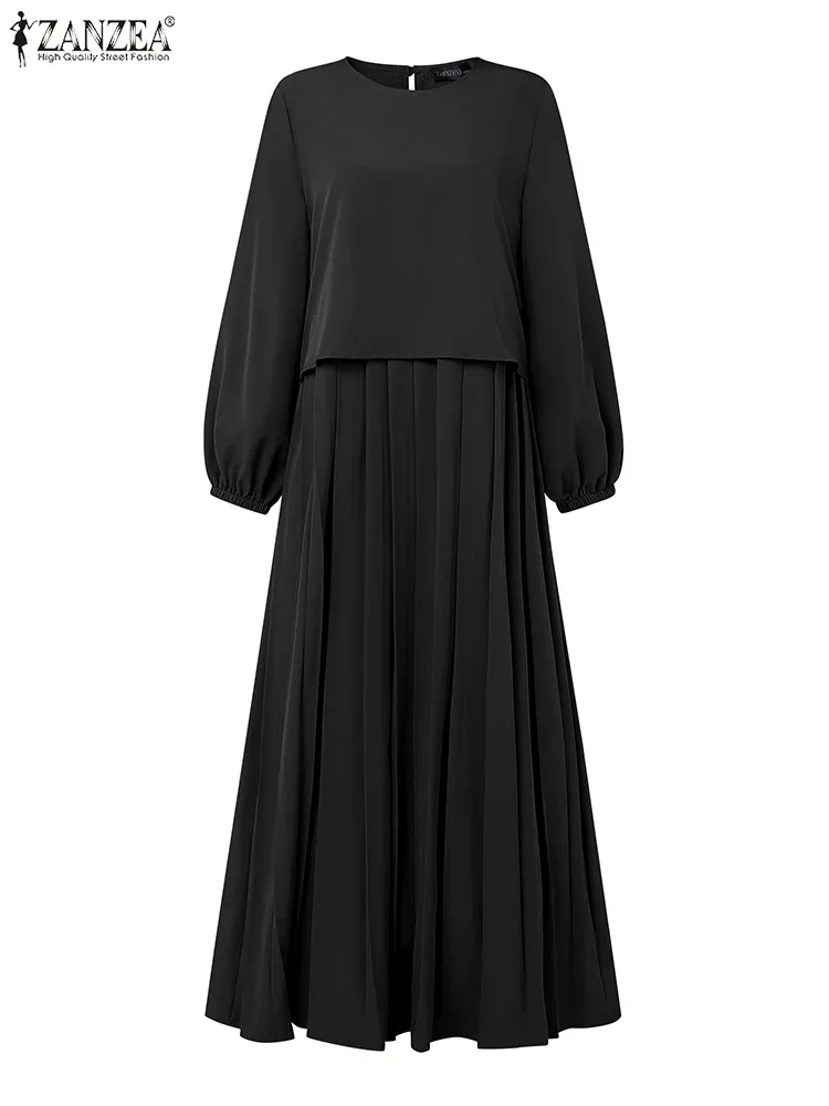 잔제아 패션 긴팔 솔리드 플리츠 드레스 여성 2025 가을 드레스 무슬림 아바야 로브 팜므 루즈 카프탄 이슬람 의류