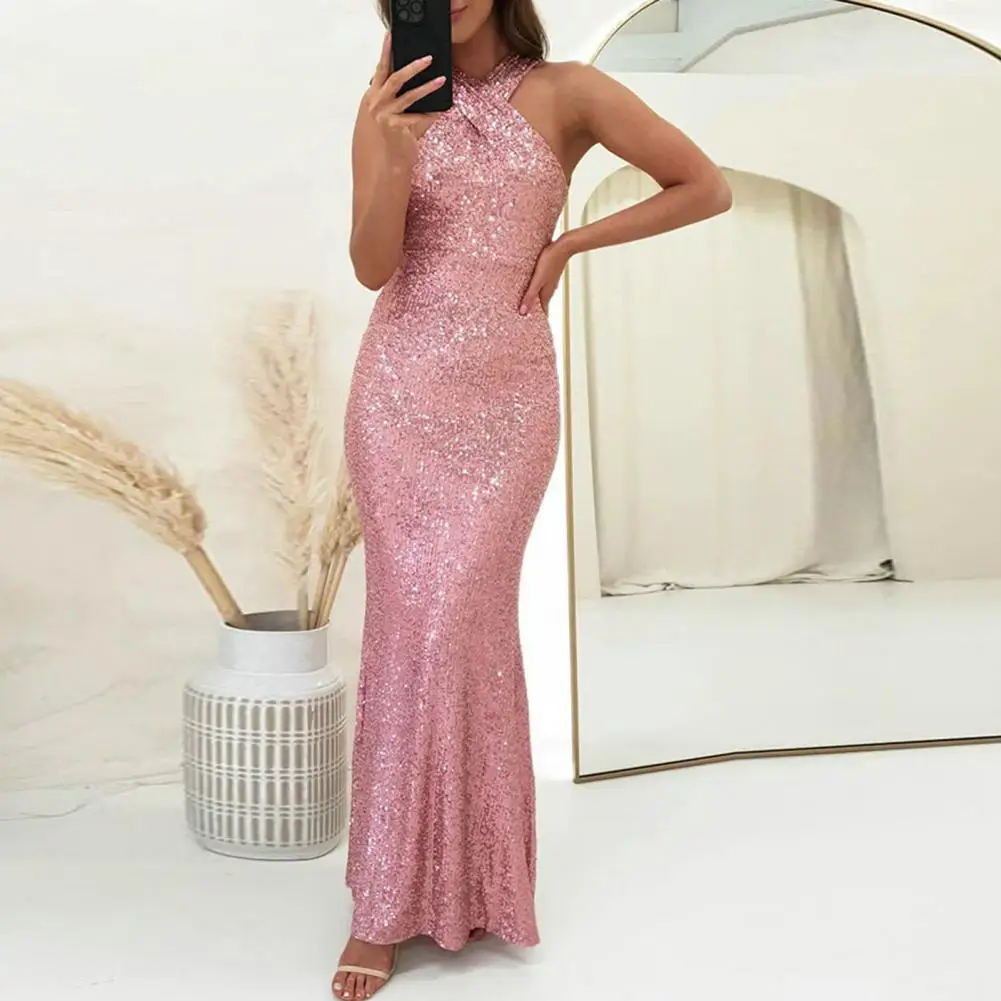 

Halterneck Bridal Dress Elegant Sequin Halter Neck Evening Gown for Women Backless Slim Fit Sheath Dress Ankle Length Party Prom