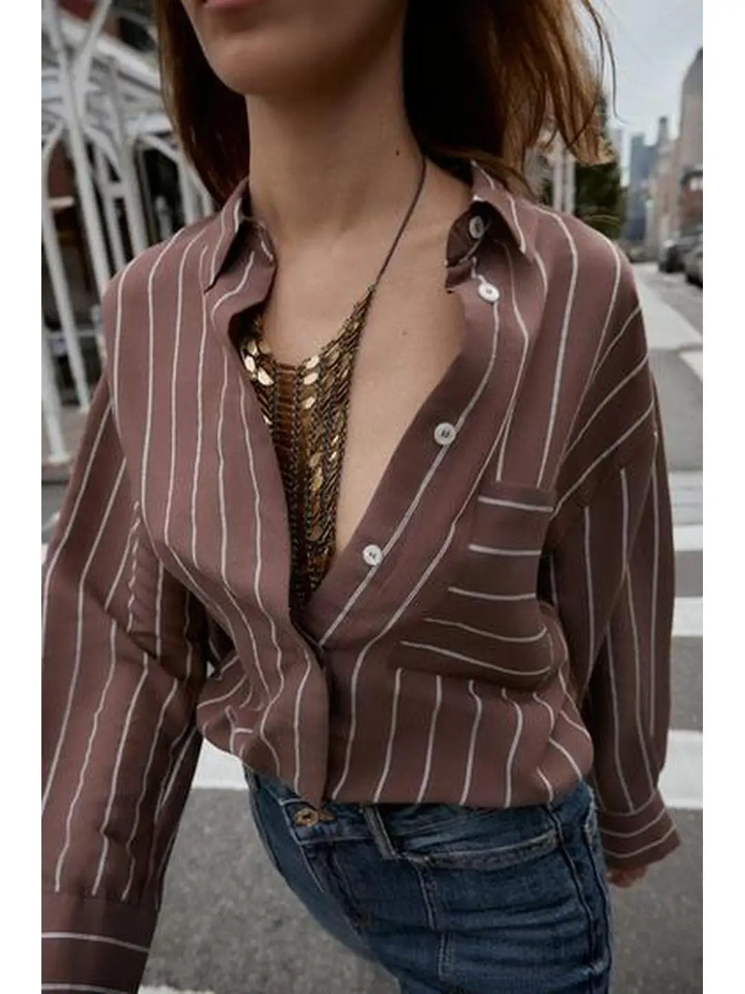 

Casual Striped Long Sve irt Decorative Button Closure Patch ket Flip Collar Girl's Loose Fit Travel Friendly A-Line D...