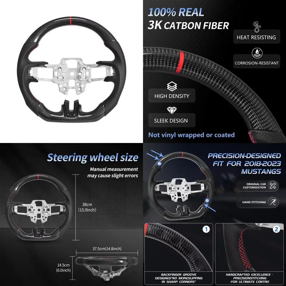【Customizable】 Carbon Fiber Steering Wheel D-shape Flat Bottom with Perforated Leather for Mustang EcoBoost/GT/Shelby