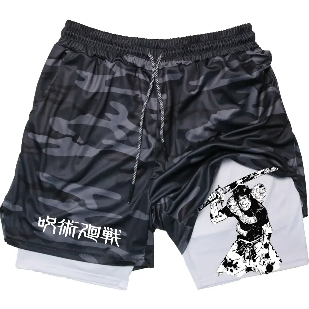 Anime Performance Shorts Toji Printed Men GYM Casual Sports Compression Shorts Workout Running Mesh 2 In 1 Sport Short Pants