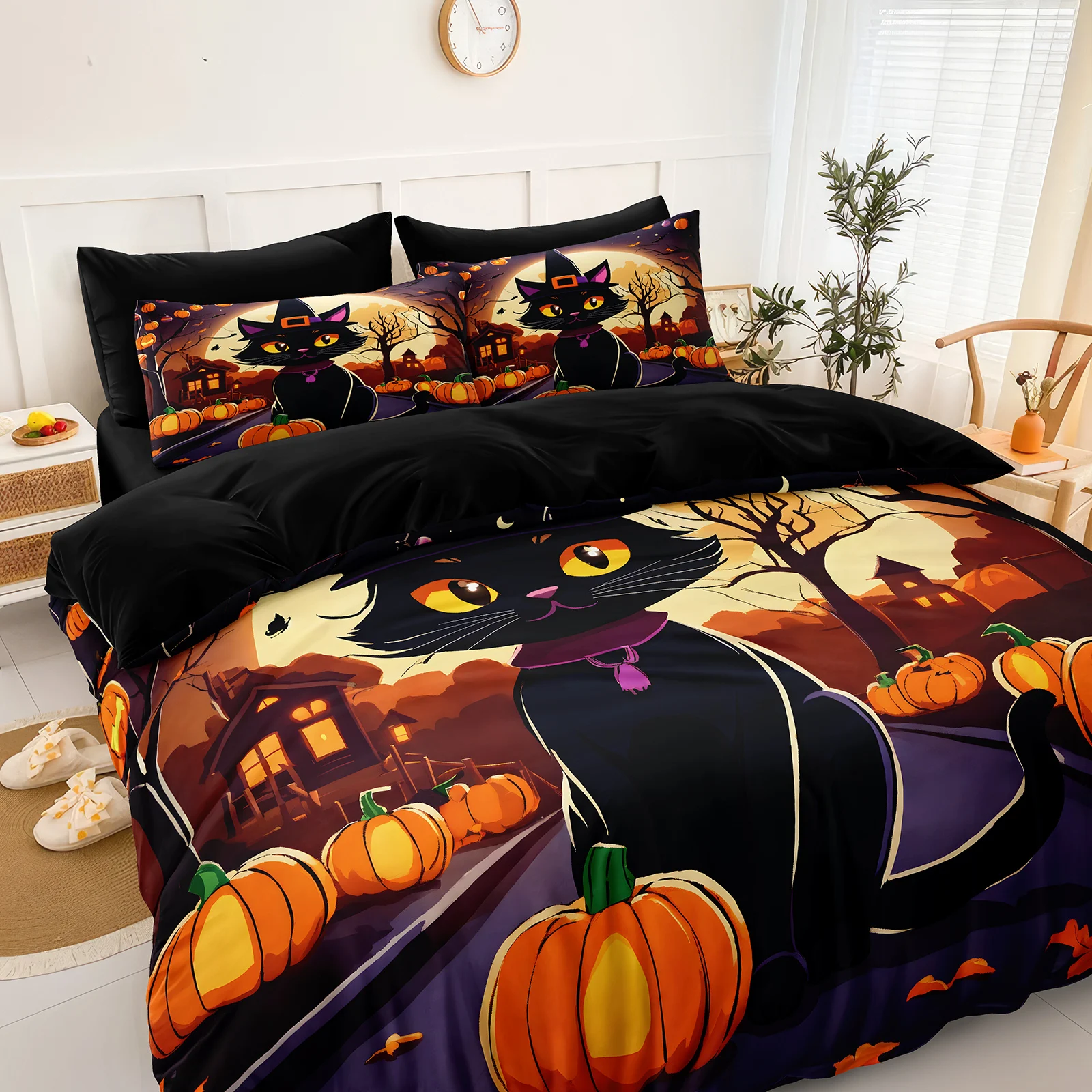 Halloween Witch Duvet Cover Set Black Cat Halloween Bedding Sets Cute Animal Pumpkin Design Ultra Soft Bed Linen Set