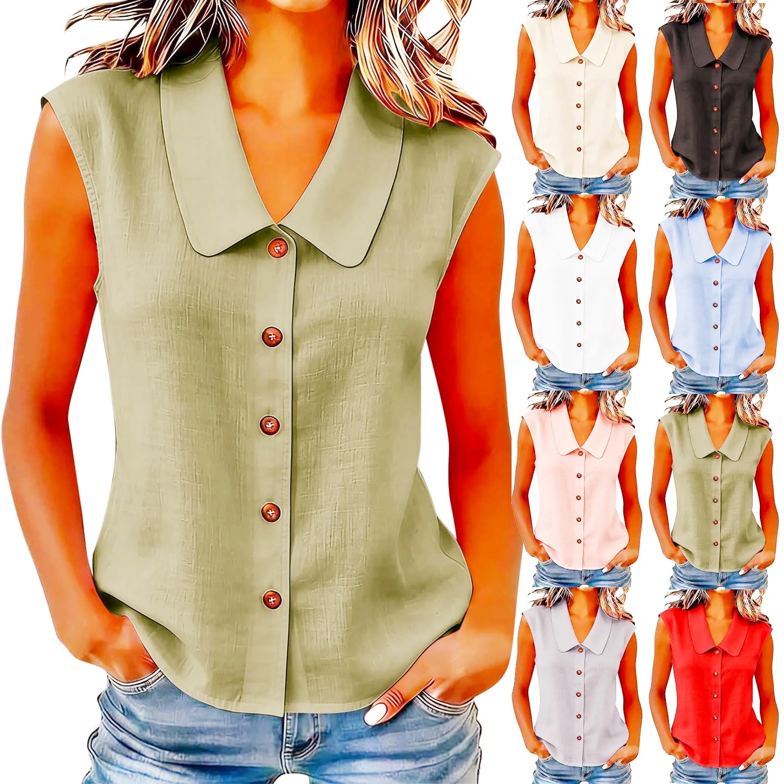 

Summer Women Polo Collar Button Up Cardigan Sleeveless Vest Tank Top Button T Shirt Shirts Top Tops