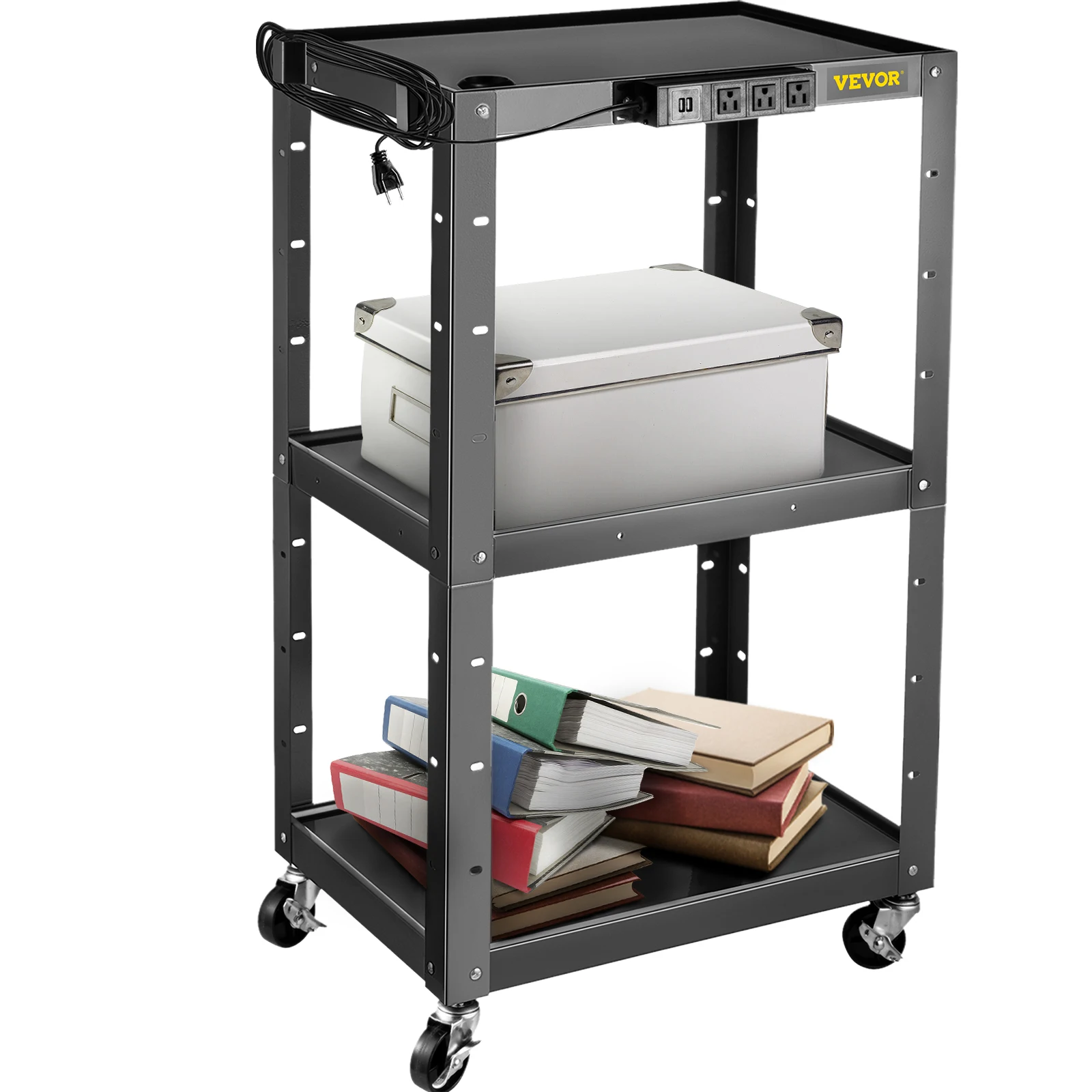 VEVOR Cold Rolled Steel AV Cart Media Cart with Cord Management 24-42 Inch Height Adjustable Shelves with Power Strip Attached