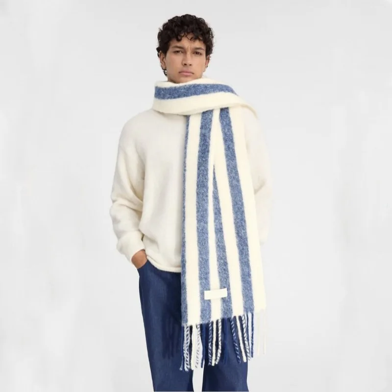 

Осень-зима 2025: новый стиль, женская утолщенная теплая полосатая мохеровая шаль из шерсти альпаки, большой шарф унисекс для пар, bimba y lola