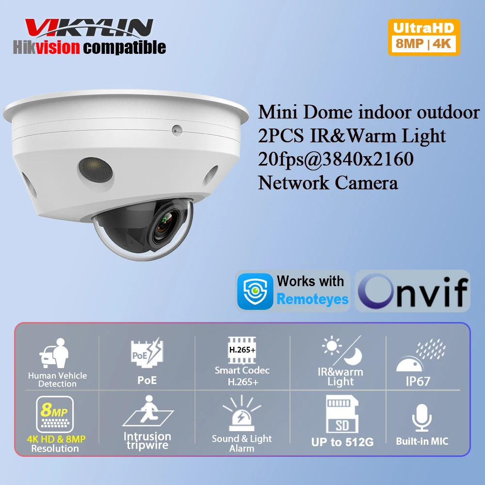 Vikylin 8MP IR Night Vision Mini Dome IP Camera MD2.0 with MIC Home Video Surveillance POE Security Camera CCTV IP67