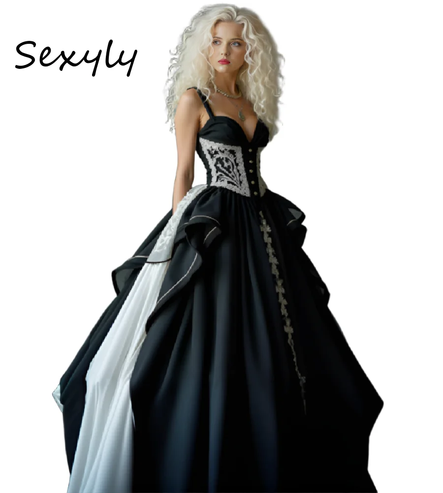 요정 고딕 블랙 화이트 이브닝 드레스 2026 스파게티 스트랩 레이스 프롬 의상 공식 생일 댄스 행사 여성용 가운 1960년대