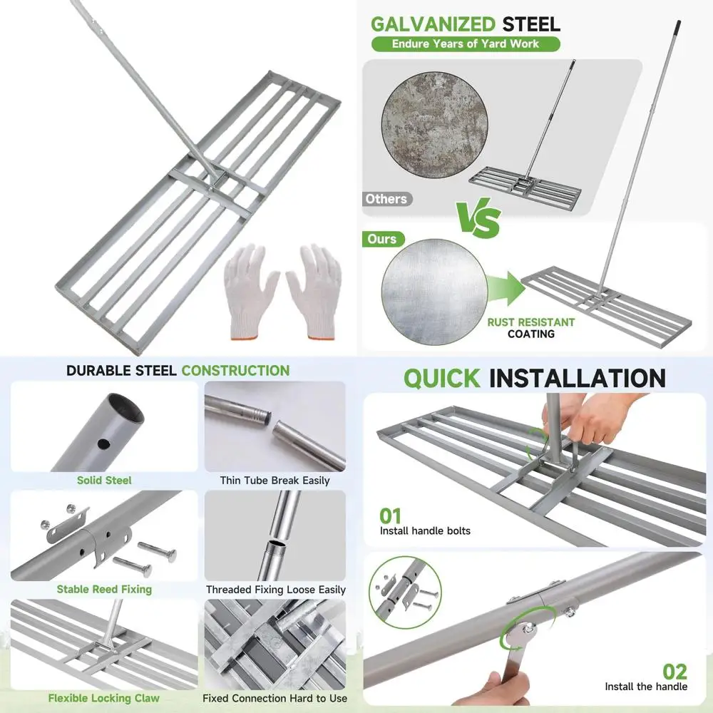 

Прочная оцинкованная стальная грабельная лопата для выравнивания грунта с регулируемой ручкой 48-78 дюймов и перчатками