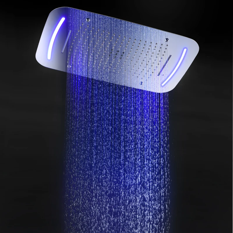 hm Modern Large Ceiling LED Shower Set Rainfall Waterfall Mist Shower Head Panel Bathroom Thermostatic Faucets System  Side Jets