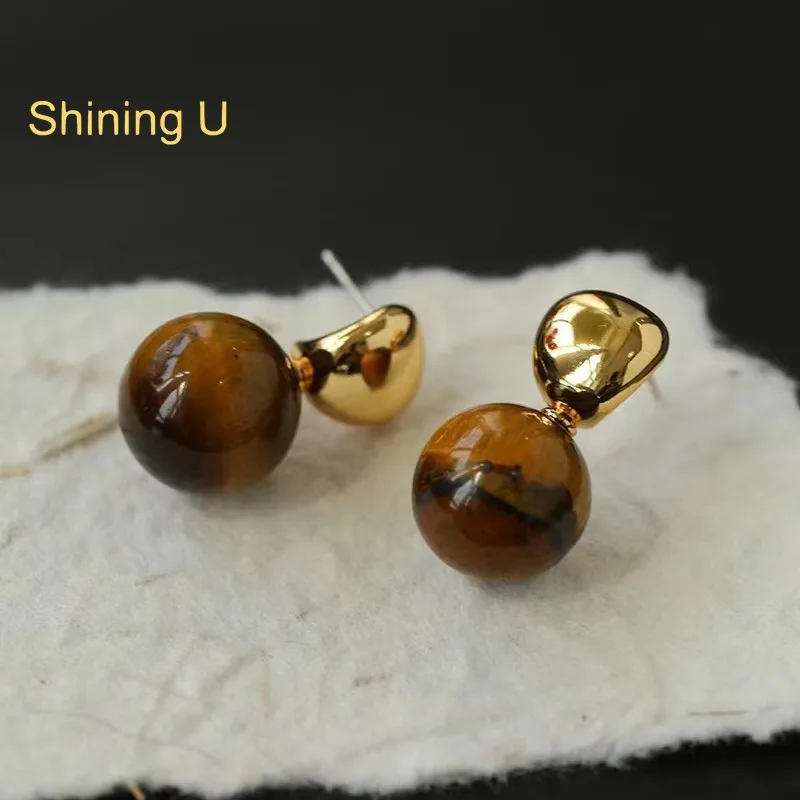 Shining U Black Agete Tiger Eye  Round Stud Earrings for Women Fashion Jewelry Autumn