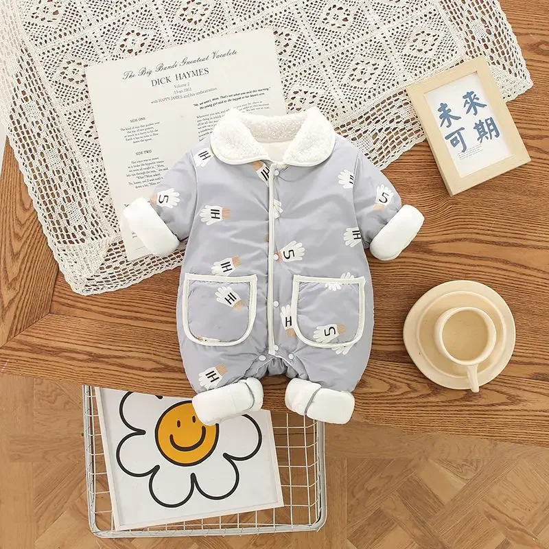 2024 Winter Baby Cotton-padded Clothing 0-2 Y Infant Boys Fur Lining Rompers Gloves Printed Jumpsuit Toddler Girls Thick Outwear