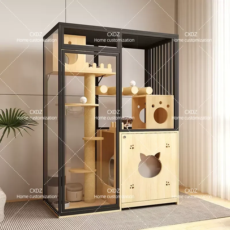 Cat villa panoramic glass luxury cat cabinet solid wood  cage  toilet integrated litter household indoor house