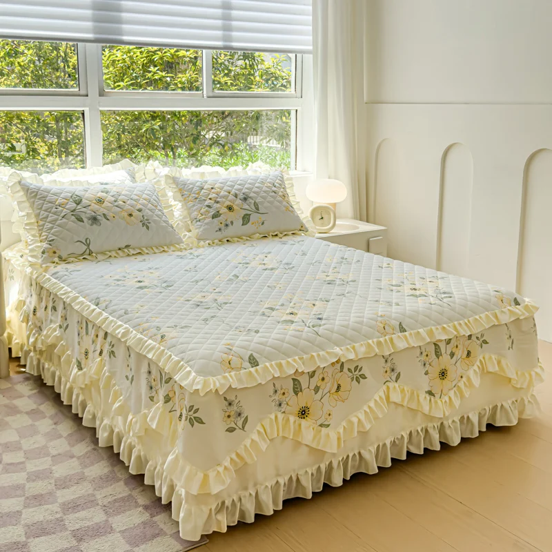 

Pure cotton bedspread single piece thickened padded cotton bed skirt 1.5m 1.8m bed cover sheath cotton four-piece set