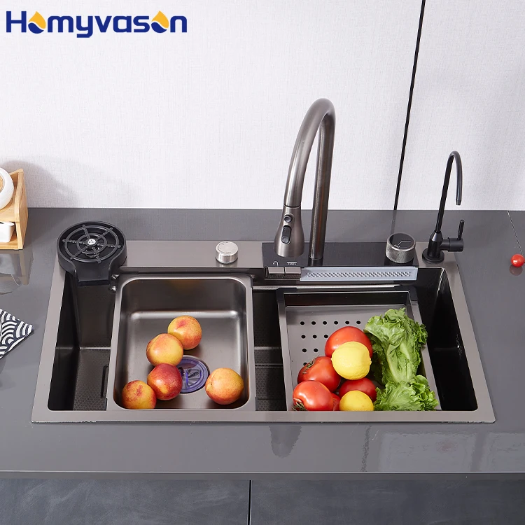Modern Smart Nano Black Luxury Single Bowl Multifunctional Stainless Steel Piano Waterfall Faucet Kitchen Sink With Cup Washer